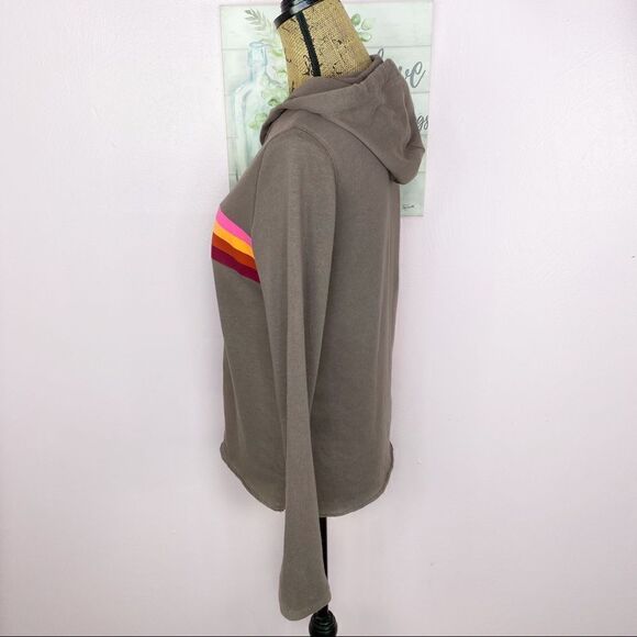 Pink by Victorias Secret Retro Stripe Hooded Sweatshirt Taupe Brown Small - Picture 2 of 10